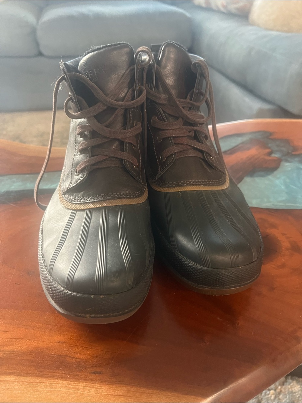 Sperry Brown and Black Waterproof Duck Boots with Lace-Up Closure